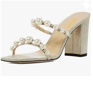 XYD Light Gold Square Open Toe Pearls Embellished Dual Straps Slides Sandals